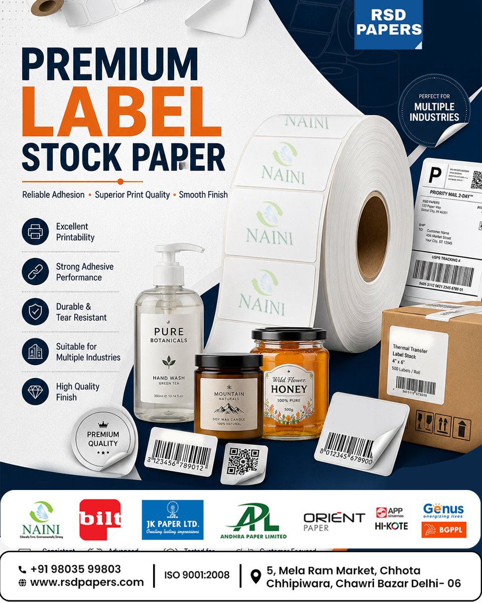 rsdpapers1970's tweet photo. Premium Label Stock Paper that sticks with quality.🏷️

✔️Strong Adhesion
✔️Superior Print Quality
✔️Smooth Finish
✔️Tear Resistant
Perfect for FMCG, Pharma, Food, Cosmetics &amp; Logistics.

📞 +91 98035 99803
🌐 https://t.co/NKFXgALRgB

#RSDPapers #LabelStock #Paper #DelhiBusiness https://t.co/VreA0oYaLj