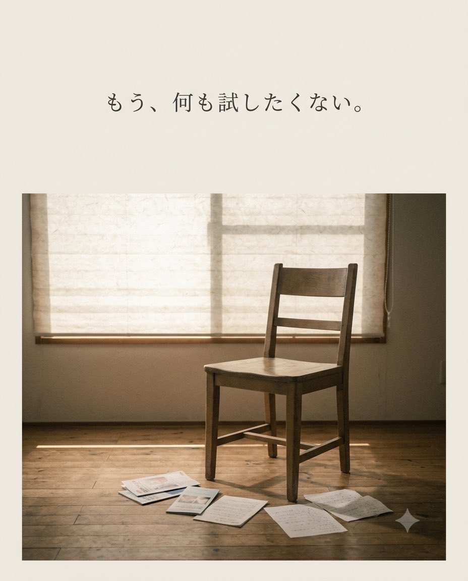 Nada_taichi's tweet photo. 「もう、
何も試したくない。」

そう思ったこと、
ありませんか。

病院を何院も回り、
療法を何度も変え、
そのたびに少しだけ期待して、
少しだけ、すり減ってきた。

もう気づいているかもしれません。

辛いのは、
治療が見つからないことより、
また何かを
「選ばなければならない」
ということ。

私のところに来る方の多くが、
最初にこう言います。

「また何か
決めなきゃいけないんですよね」

それは弱さではありません。

決め続けてきた人だけが持つ、
擦り切れた強さです。

東洋医学では、
考えすぎる人ほど
脾を傷めると言われています。

決断の連続は、
思考をつかさどる臓器を
静かに消耗させていきます。

だから氣生院では、
新しい選択肢を
増やそうとはしません。

手術が必要だと感じたときは、
迷わず医療機関へつなぎます。

現代医療と対立するためではなく、
すでにある治療の隣に
立つために。

体には触れません。
脾から、
思考が静まる場所へ、
手を近づけるだけです。

変えるのではなく、
思い出させる。

①病院を何院も回った
②療法を何度も変えた
③どちらも経験した

コメントで、
番号だけでも教えてください。
同じ経験をした人に、
きっと届きます。

―
氣生院・健心

LINEで今の状態だけでも、
話してみませんか。
→ https://t.co/kaBCqNwIUt

#氣生院 #プラーナ療法 #統合医療 #出張施術 #遠隔セッション