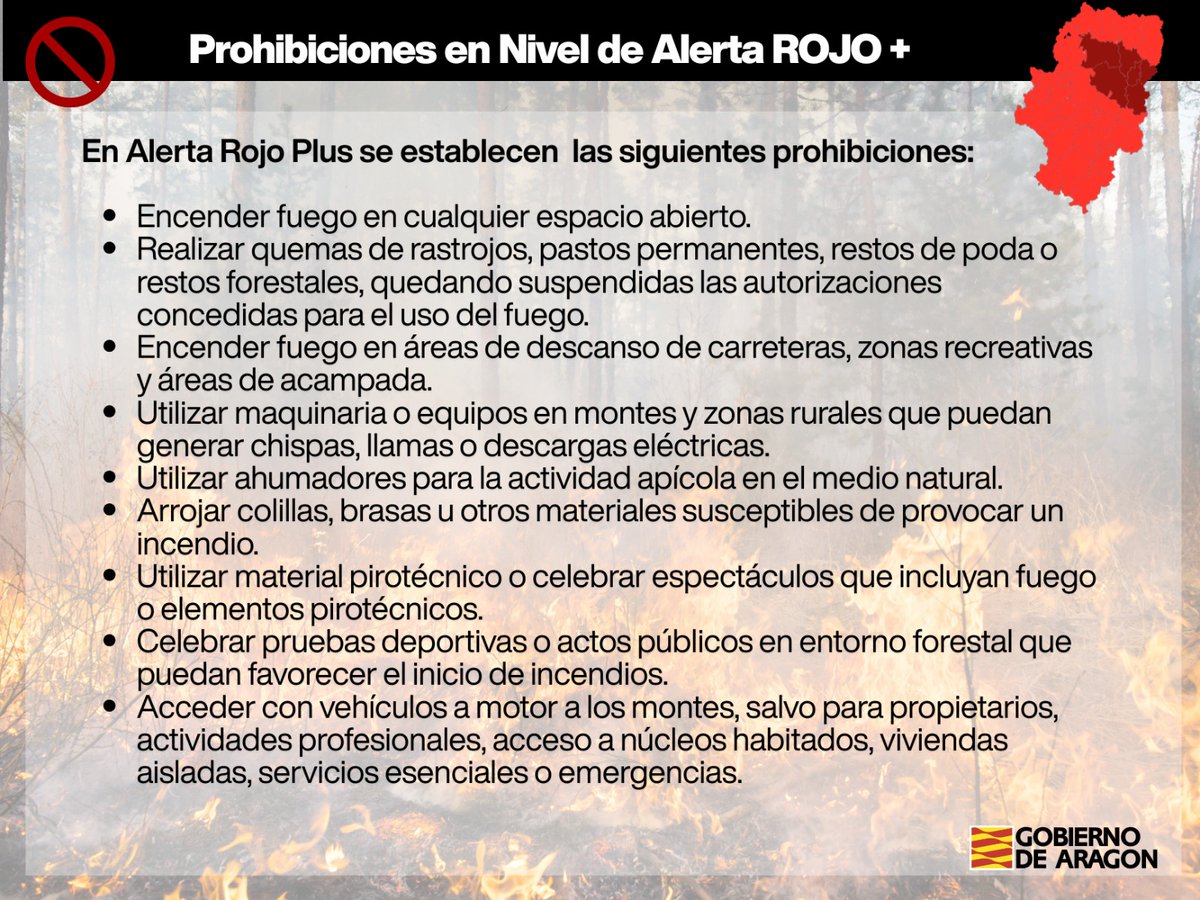 GobAragon's tweet photo. 🔴🔥 El Gobierno de Aragón declara la Alerta Rojo Plus para mañana en seis comarcas por riesgo extremo de incendios.

🚫 La medida estará vigente durante toda la jornada del viernes 10 de julio en la Hoya de Huesca, Somontano de Barbastro, Cinca Medio, La Litera, Los Monegros y Bajo Cinca.

➕ https://t.co/YiC6lr8lxl