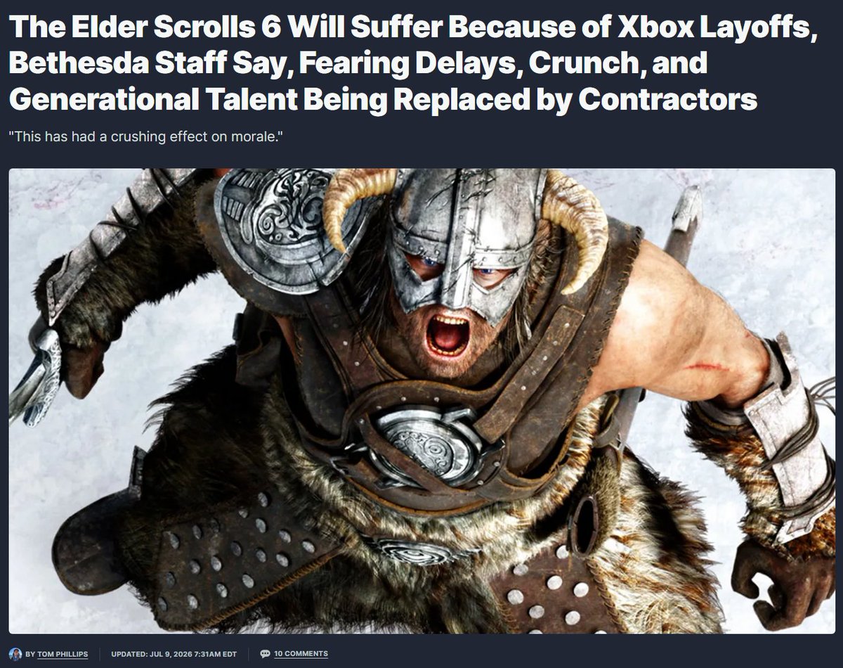 Stealth40k's tweet photo. Bethesda developers are echoing what Satoru Iwata said about layoffs.

It might have short-term financial benefit, but the decrease in morale, the fear of future layoffs will have an impact on game development.

It creates a miserable environment.

https://t.co/KrrNEYpOrq https://t.co/i15zDkrFNz