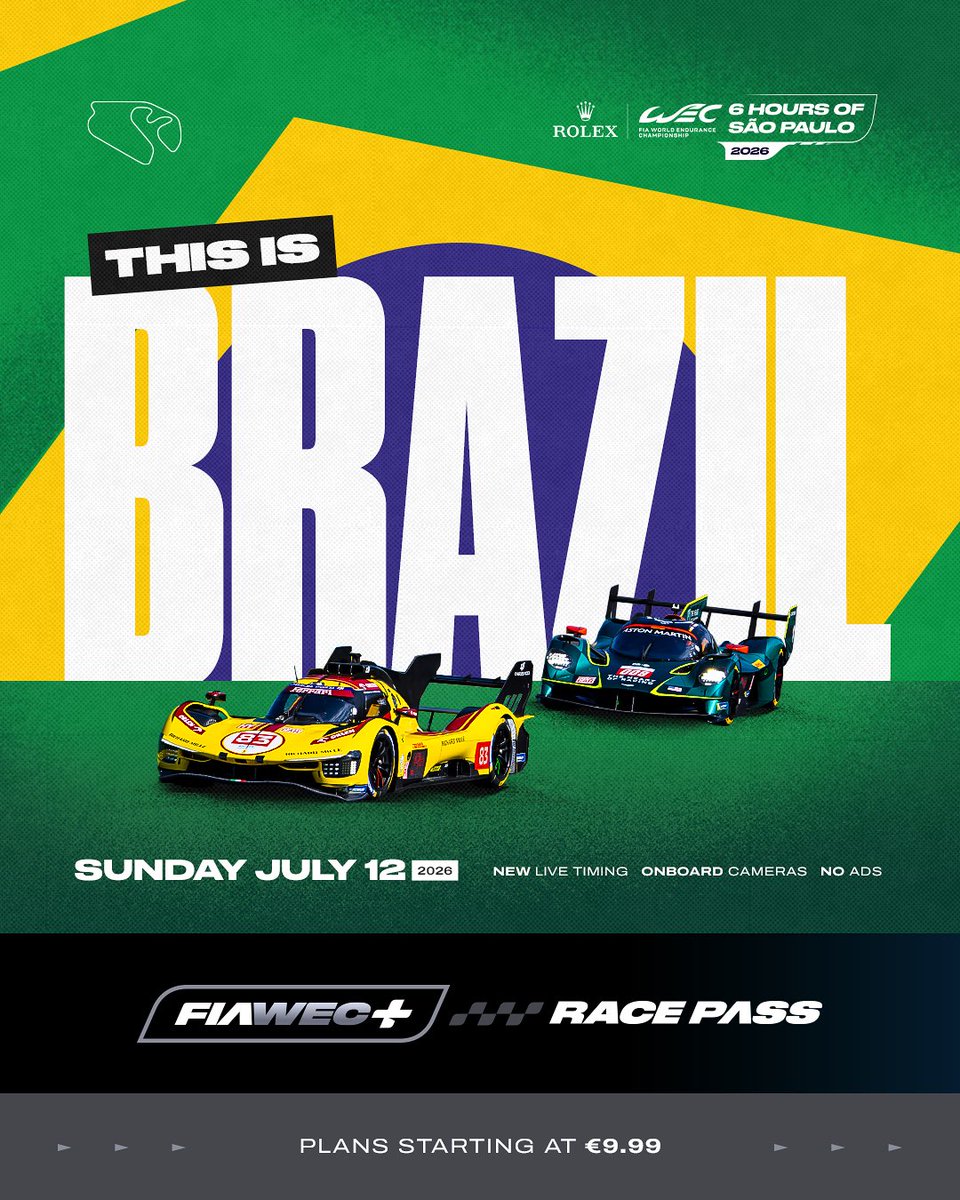 FIAWEC's tweet photo. A historic circuit, a passionate crowd, and six hours of action from lights out to the chequered flag 🔥 

The Rolex 6 Hours of São Paulo is almost here, so get your https://t.co/w6RMSwCPPk Race Pass now to catch every moment live this weekend! 

#WEC #6HSaoPaulo https://t.co/RmxFvq8da7