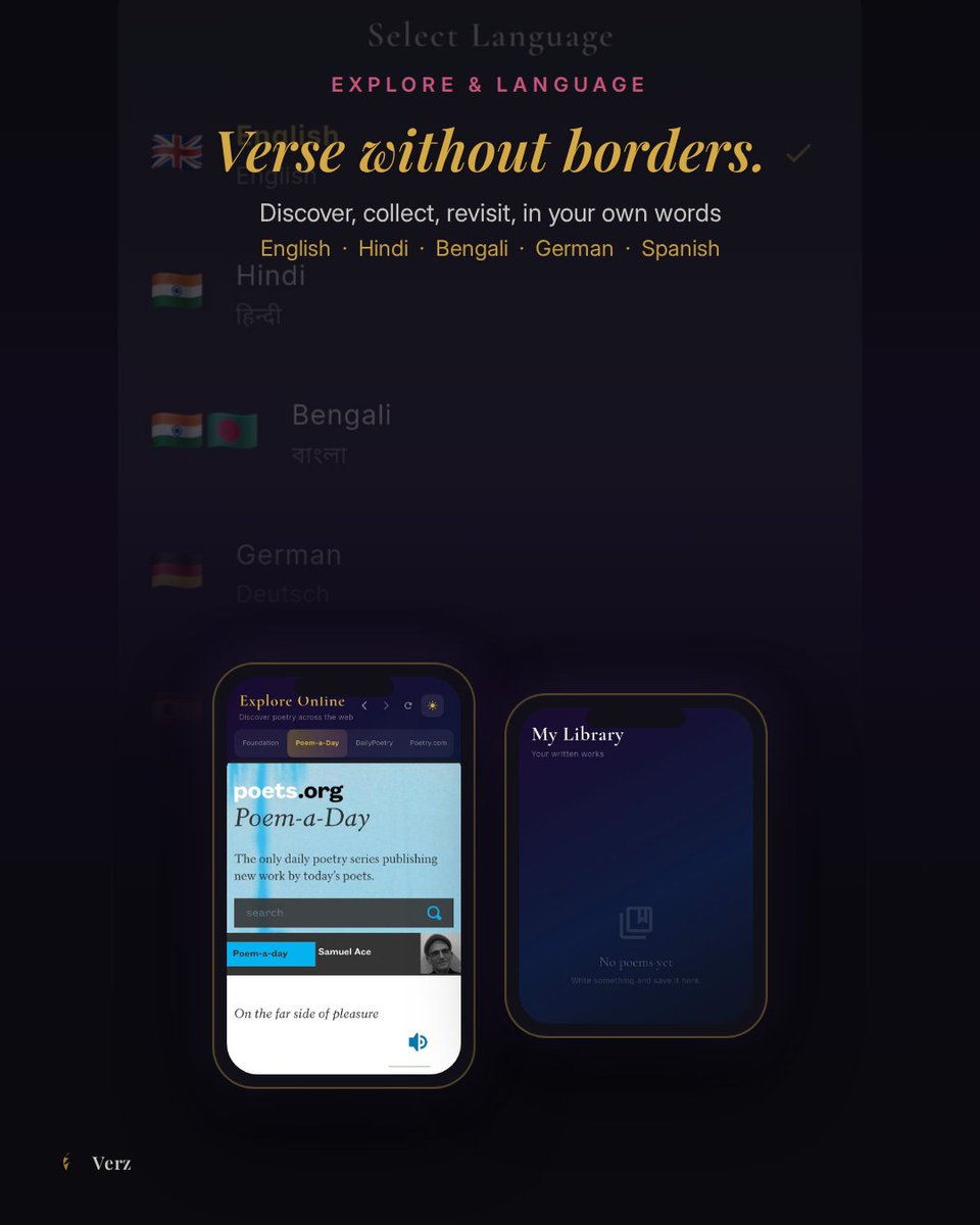 mynimalist_dev's tweet photo. Words have a home now.
Verz: read the masterworks, learn the forms, write your own poems, in English, Hindi, Bengali &amp; more.

Download for free
 https://t.co/cqQMfusTUO

#Verz #Poetry #Poems #Haiku #Sonnet #Writing #Indie #Books #WritingCommunity #ReadMore https://t.co/HW5BOW3xHO