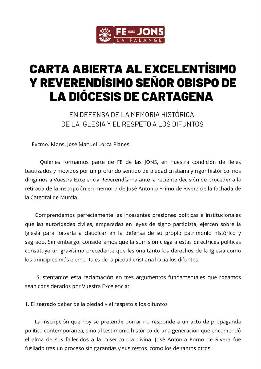FalangedeMurcia's tweet photo. Cara abierta al excelentísimo y reverendísimo señor obispo de la diócesis de Cartagena @ObispoCartagena @DiocDeCartagena @laverdad_es @diariolaopinion @ellorquinoweb @EPMurcia @cope_murcia @SER_Murcia https://t.co/HeeF5wVK5r