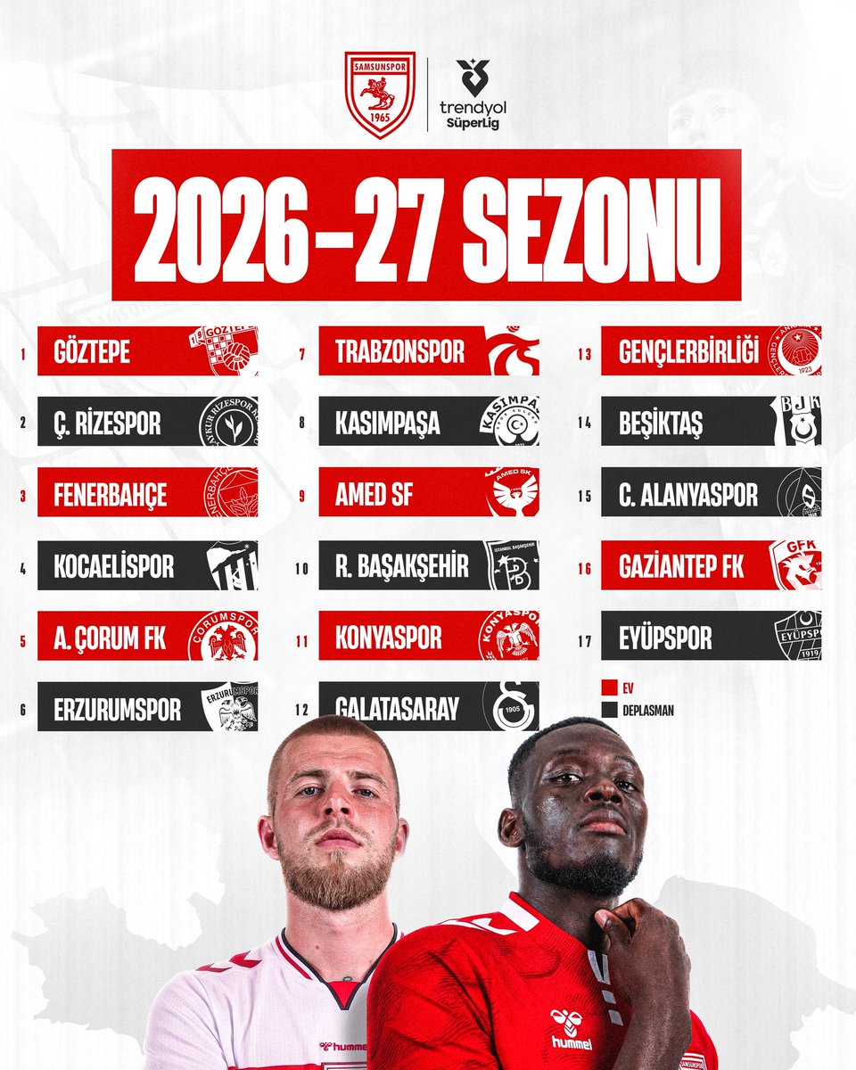 Samsunspor's tweet photo. 2026-27 Trendyol Süper Lig sezonu fikstürümüz belli oldu. 🔴⚪️

#Samsunspor #AtatürklüArma https://t.co/06oD2ow0Bd