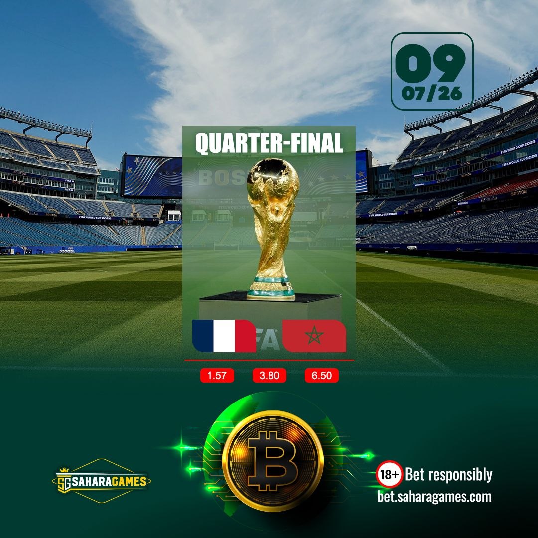 BetSaharaGames's tweet photo. WC 2026 Quarter final 1. Morrocco on a mission, they seem unstoppable but so is France. The countdown is on. FREE SPINS on deposits, 20% CASHBACK on your daily losses. Play here: https://t.co/7GtewFmonr #GoCrypto #SaharaGamesCrypto https://t.co/hvUlbhFE6U