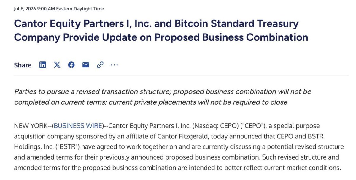 NewsRedblack's tweet photo. JUST IN : 🇺🇸 Adam Back's The Bitcoin Standard Treasury Company to change the terms of its merger agreement with Cantor Equity Partners for a public offering.

° Redblack News® https://t.co/jlOgviCr5g