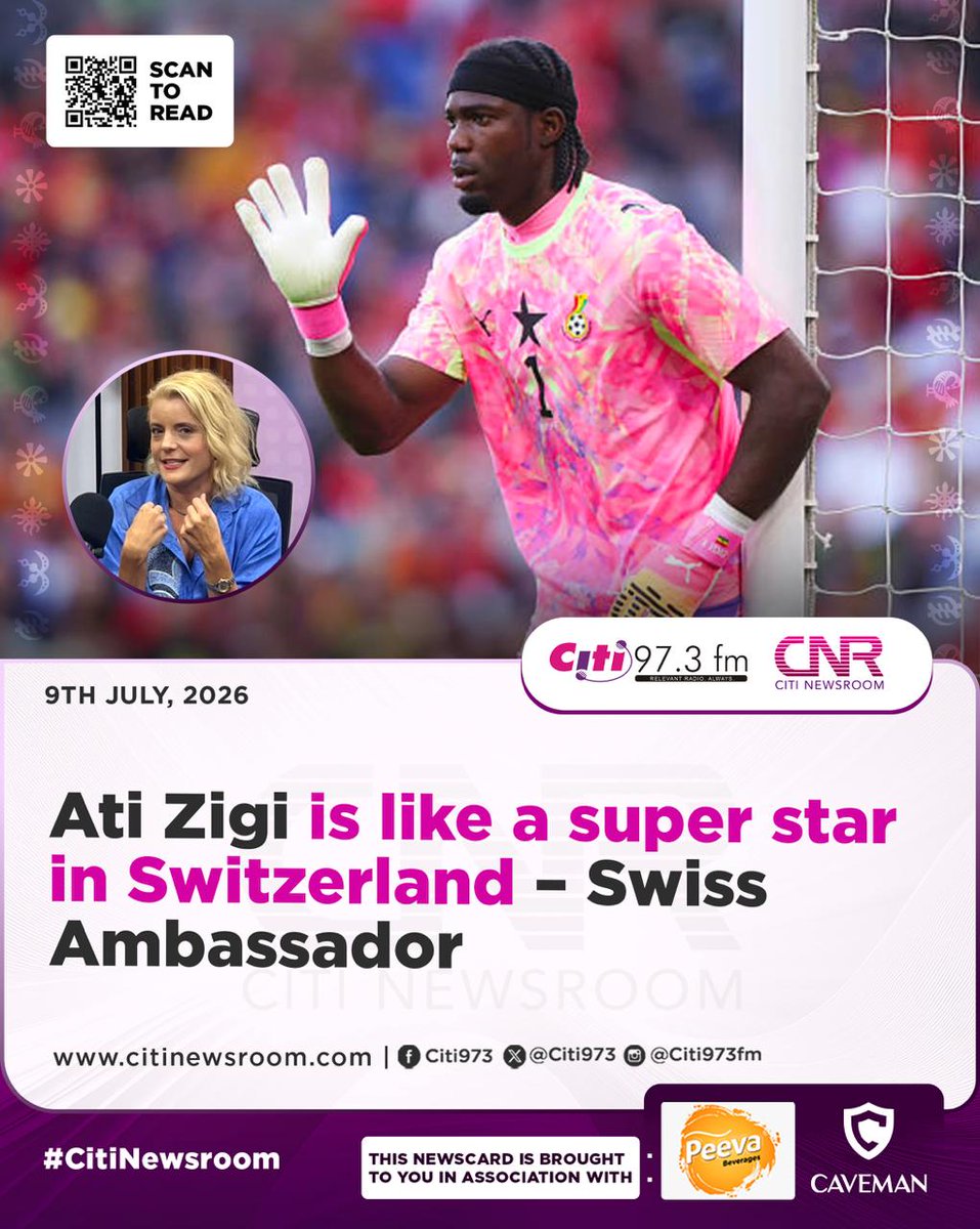 Citi973's tweet photo. Outgoing Swiss Ambassador to Ghana, Benin and Togo, Simone Giger, has highlighted Ghanaian goalkeeper Lawrence Ati-Zigi as an example of the country’s growing soft power and international influence.

Full story here ⬇️
https://t.co/fJGHH39JV0

#CitiNewsroom #CitiFM #GhanaNews https://t.co/5JLwhYNRW8
