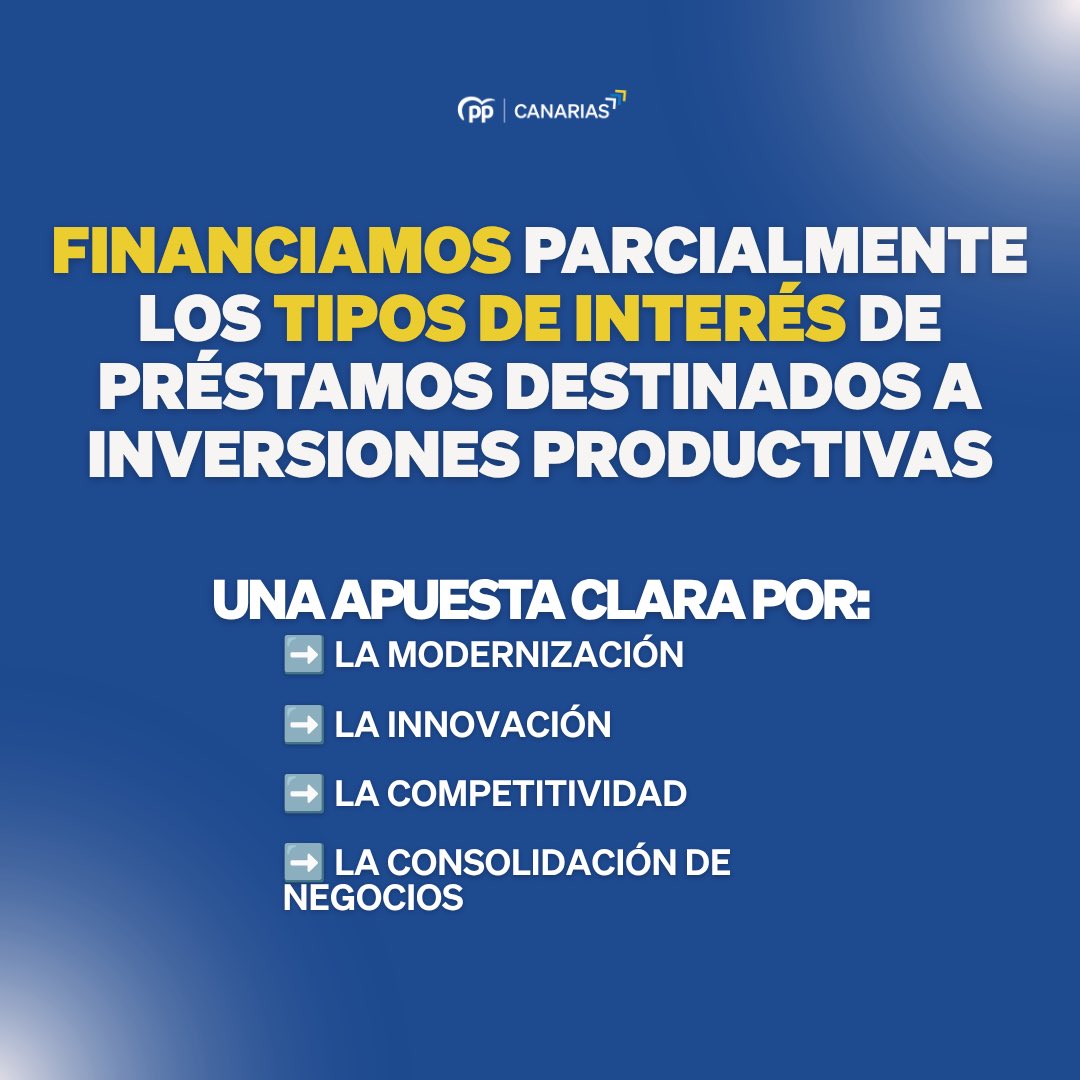 ppdecanarias's tweet photo. El Gobierno de Canarias, a través del Plan Respaldo Autónomo, financiará los costes de préstamos para inversiones productivas 🏦

Buscamos la consolidación de negocios, el fomento de la competitividad y la modernización de las empresas.

#autónomos #Canarias https://t.co/TJKltLpydd