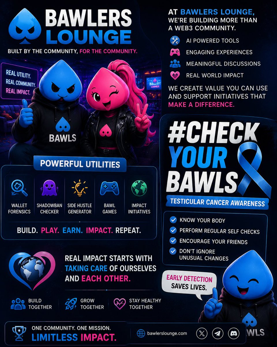 FISAYOMi67's tweet photo. At Bawlers Lounge, we’re building more than a Web3 community.

We’re building a place where utility meets purpose, where people can access AI powered tools, earn through engaging experiences, contribute to meaningful discussions, and support initiatives that create Real World Impact beyond the blockchain.

From wallet forensics and side hustle generators to community games and impact driven campaigns, the goal has always been simple: create value that people can actually use while fostering a community that genuinely cares about making a difference.

But impact isn’t only about technology or crypto.

It’s also about looking after ourselves and the people around us.

A strong community talks about the conversations that matter, including health awareness. Early detection saves lives, and sometimes a simple reminder can make all the difference.

So while you’re building, earning, and growing with Bawlers Lounge, don’t forget to take care of your health too.

💙 #CheckYourBawls
💙 Know your body
💙 Perform regular self checks
💙 Encourage your friends to do the same
💙 Don’t ignore unusual changes

Because real impact starts with taking care of ourselves and each other.

Build together. Grow together. Stay healthy together.

#CheckYourBawls #TesticularCancerAwareness