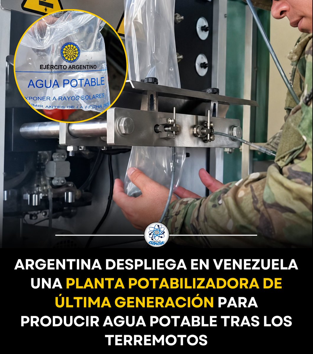 EnsedeCiencia's tweet photo. Argentina envió a Venezuela una planta potabilizadora móvil del Ejército Argentino para apoyar a las comunidades afectadas por los recientes terremotos.

El sistema utiliza microfiltrado y ósmosis inversa para convertir agua en potable y envasarla, lista para su distribución, facilitando el acceso a un recurso esencial durante la emergencia.