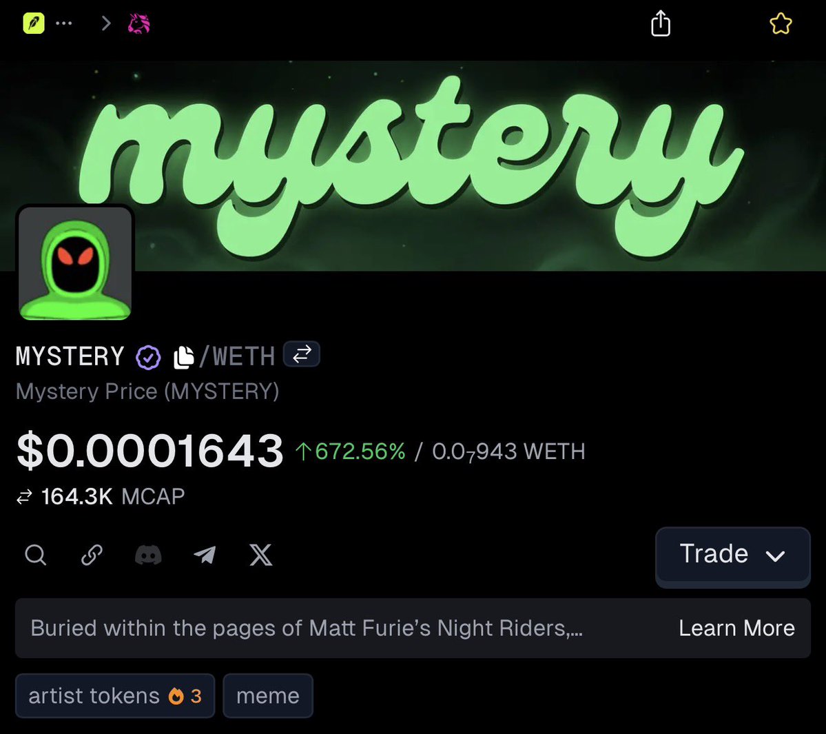 Mystery_RH's tweet photo. Mystery’s socials updated on @GeckoTerminal 🐸🦎

Link: https://t.co/Ld6ocnOTei

$MYSTERY #MattFurie $PEPE $BRETT $ANDY $ROBIN https://t.co/nNFrrUTIZf