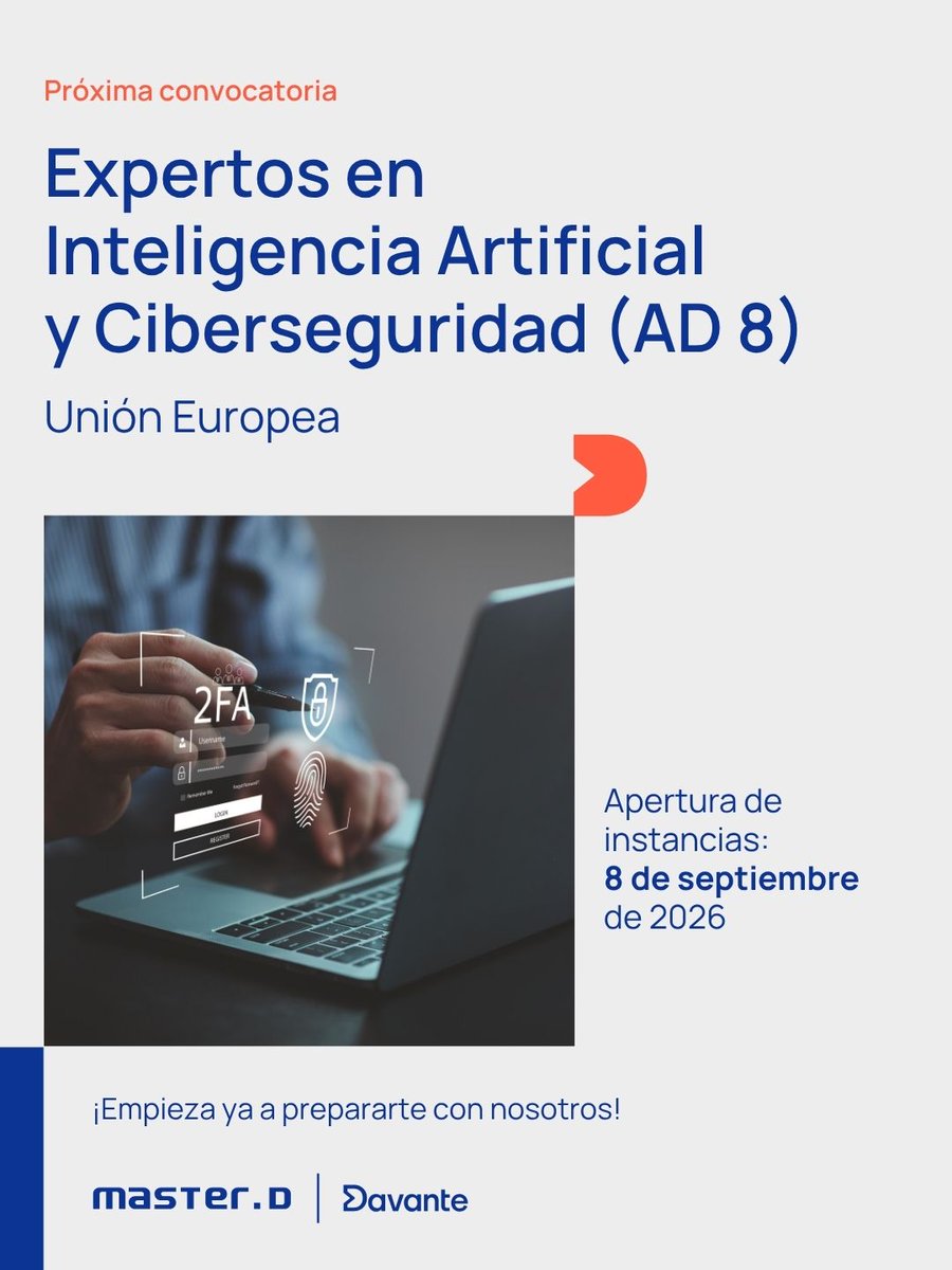 DavanteMasterd's tweet photo. ¿Quieres convertirte en experto/a en #IA y #Ciberseguridad?
La próxima convocatoria AD8 de la Unión Europea abrirá instancias el 8 de septiembre de 2026.
Empieza a prepararte con tiempo
https://t.co/w3ARtg3gwo
#oposiciones #oposicionesUE #oposicionesUniónEuropea https://t.co/pHx6WI5FVo