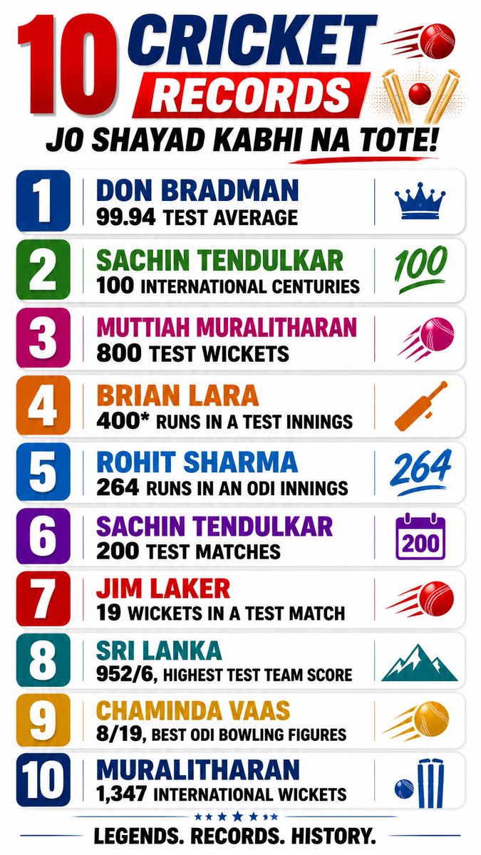 aajexamdotcom's tweet photo. 🏏 10 CRICKET RECORDS JO SHAYAD KABHI NA TOOTE! 😱🔥

Bradman ka 99.94 average ho ya Sachin ki 100 centuries… in records ko todna lagbhag namumkin lagta hai! 👑

Aapke hisaab se inmein se kaunsa record KABHI NAHI TOOTEGA? 👇

#cricket #cricketrecords #cricketfans #sports #viral https://t.co/EowQfQIugx