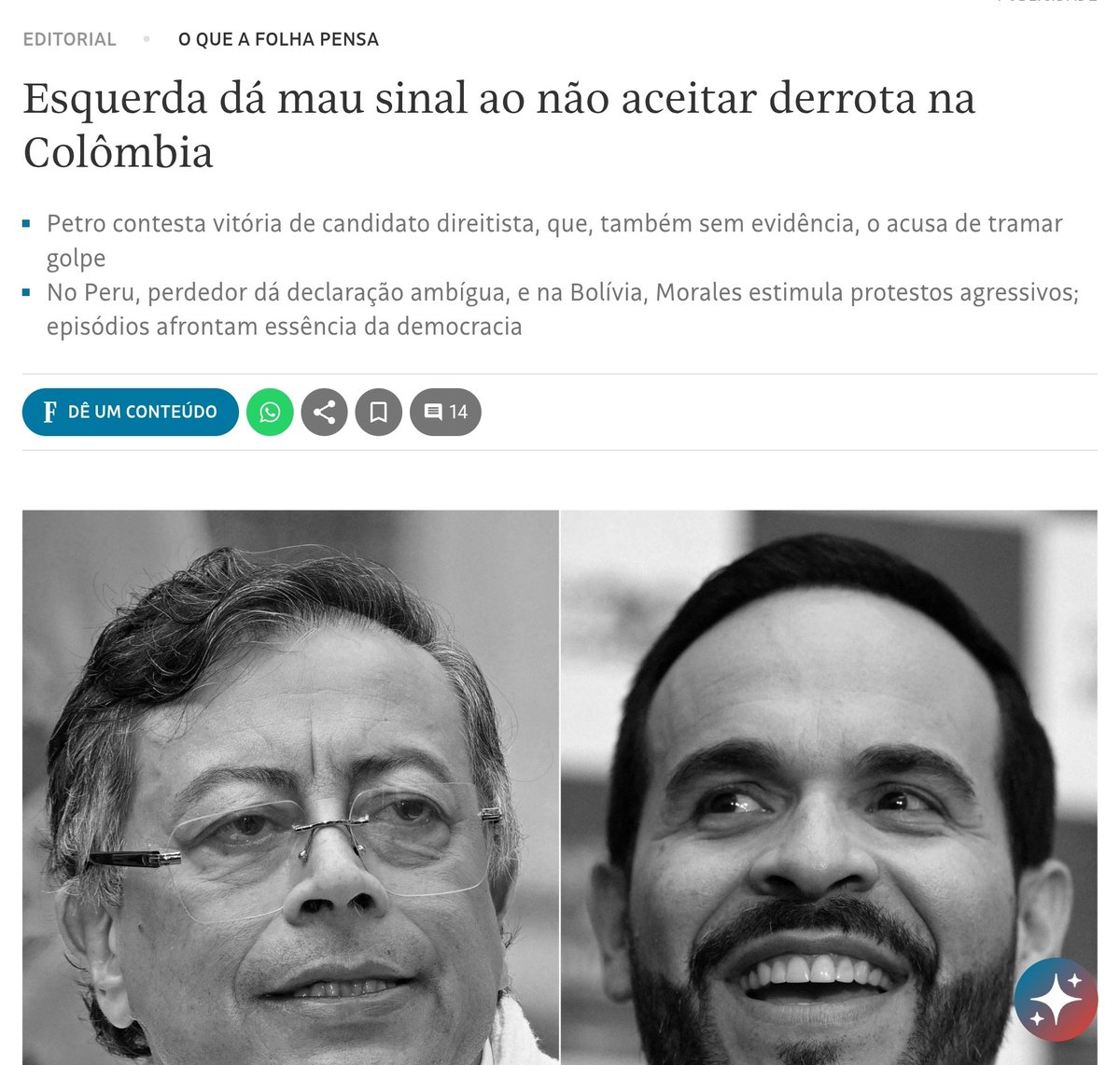 leandroruschel's tweet photo. Para a militância de redação da Folha, quando a esquerda rejeita um resultado, sem apresentar uma única evidência de manipulação a favor do candidato que venceu, isso é só um "mau sinal". Um deslize de temperamento. Nada que o comportamento de Petro configure tentativa de golpe.

Curioso. O que a redação chama de "mau sinal" é um presidente em exercício que responde a inquérito criminal por interferência eleitoral em favor do seu candidato, com base no artigo do Código Penal colombiano que tipifica a intervenção política de agente público. É um presidente que se recusa a reconhecer a legitimidade do governo eleito, convoca marchas antes da transferência de poder e fala em anular o segundo turno. É um governo sob acusação de coerção eleitoral em regiões inteiras entregues ao crime organizado, onde seções despejaram a quase totalidade dos votos no candidato oficial. Missões internacionais, incluindo a da OEA, descartaram fraude. O golpe, se há um, não vem das urnas: vem de quem perdeu e não aceita.

Agora inverta os personagens. No Brasil, questionamentos e protestos da direita, num processo eleitoral marcado por censura judicial e perseguição, viraram "tentativa de golpe", tese, inquérito, prisão. Manifestação política tratada como crime.

A régua é essa. Quando a esquerda rejeita resultado, é só um "mau sinal". Quando a direita questiona, é inimigo a ser preso. E há quem ainda chame isso de "jornalismo profissional".