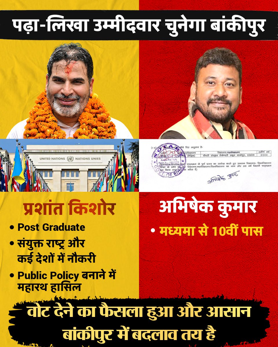 PK_for_CM's tweet photo. 7वीं फेल को बिहार का मुख्यमंत्री बनाने के बाद BJP ने एक और कारनामा किया है। BJP ने बांकीपुर से अभिषेक कुमार को टिकट दिया है जो मध्यमा बोर्ड (संस्कृत बोर्ड) से 10वीं पास हैं। बिहार में हर कोई ये बात जानता है कि जो लोग बिहार बोर्ड से परीक्षा पास नहीं कर पाते हैं वे ही मध्यमा बोर्ड से केवल डिग्री के लिये परीक्षा देते हैं। इसमें सबसे दिलचस्प बात ये है कि अभिषेक कुमार 1999 में BJP से जुड़े थे और 2000 में उन्होंने मध्यमा की परीक्षा देकर पढ़ाई छोड़ दी क्योंकि BJP से जुड़ने के तुरंत बाद उन्हें इस बात का अहसास हो गया कि BJP में करियर बनाना है तो पढ़ाई छोड़नी होगी। यहां 7वीं फेल होने पर ही मुख्यमंत्री बना जा सकता है, गलती से उन्होंने 10वीं पास कर ली इसलिये उन्हें विधायक प्रत्याशी तक ही सीमित रहना पड़ रहा है।

बांकीपुर में BJP के पास 35 साल का शासन रहा है, यहां उसके पास हज़ारों पढ़े लिखे कार्यकर्ता हैं लेकिन BJP ने एक मैट्रिक पास आदमी को टिकट देकर फिर से यह साबित कर दिया कि उसकी नज़र में शिक्षा की क्या अहमियत है।

खैर, बांकीपुर की जनता के लिये इस चुनाव में अब वोट डालना और आसान हो गया है। एक तरफ प्रशांत किशोर जी हैं जिन्होंने पोस्ट ग्रैजुएशन तक पढ़ाई की है, संयुक्त राष्ट्र में जाकर अमेरिका समेत कई देशों में नौकरी की है। पब्लिक और हेल्थ पॉलिसी बनाने में जिन्हें महारथ हासिल है। ऐसे में जनता के लिये शिक्षित और सुयोग्य उम्मीदवार केवल प्रशांत किशोर जी ही है। बांकीपुर की जनता को अब एक दूरदर्शी और शिक्षित विधायक ही चाहिये। बांकीपुर में बदलाव तय है क्योंकि प्रशांत आएंगे, बदलाव लाएंगे।