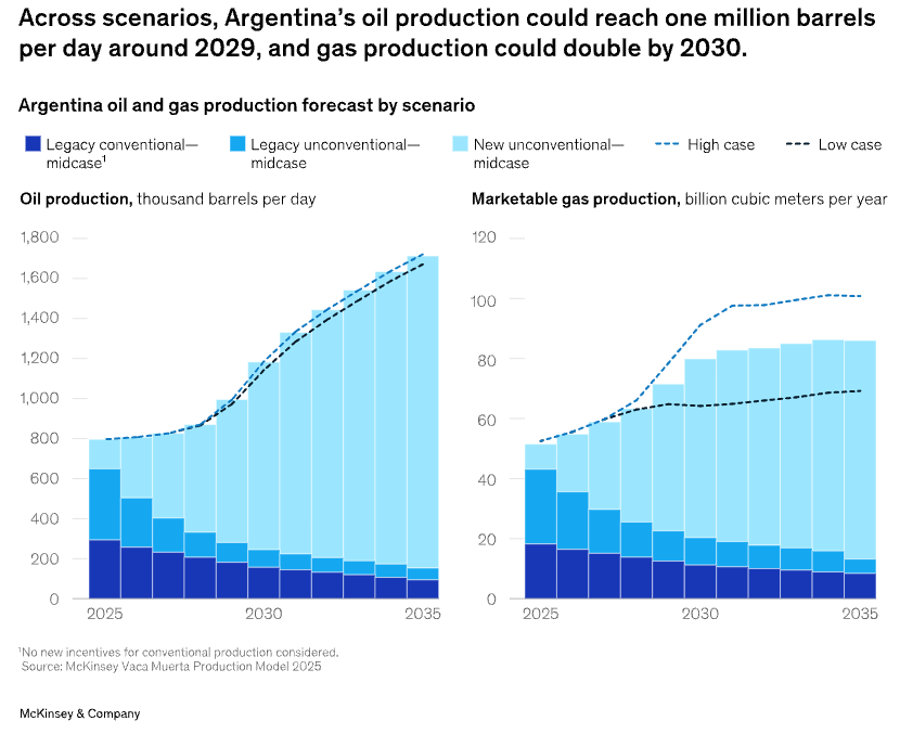 SergioCabrales's tweet photo. Vaca Muerta podría convertir a Argentina en un gran exportador mundial de GNL con inversiones de hasta US$170.000 millones

El desarrollo de Vaca Muerta podría aportar hasta el 5 % del PIB argentino hacia 2030, generar exportaciones por cerca de US$30.000 millones anuales y crear alrededor de 25.000 nuevos empleos al año.

La producción de gas natural podría duplicarse hacia 2035, alcanzando entre 70 y 100 bcm anuales, mientras que la de petróleo superaría 1 millón de barriles diarios en 2030 y 1,7 millones en 2035.

Materializar este potencial requerirá inversiones coordinadas de entre US$125.000 y US$170.000 millones en exploración, infraestructura de transporte, plantas de GNL y desarrollo de la demanda industrial.

Argentina podría incorporar hasta 28 millones de toneladas anuales de capacidad de exportación de GNL hacia finales de la década, lo que contribuiría a reducir el déficit mundial de oferta previsto para mediados de la década de 2030.

El éxito del proyecto dependerá de mejorar la competitividad mediante menores costos, una infraestructura más robusta y un marco regulatorio estable que atraiga inversión internacional y acelere el desarrollo de toda la cadena de valor.

https://t.co/rxU7Wz8X3t