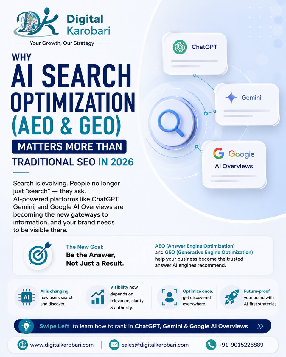 DigitalKarobari's tweet photo. 🚀 Why AI Search Optimization (AEO &amp; GEO) Matters More Than Traditional SEO in 2026
#AISEO #AIOptimization #AEO #GEO #GenerativeEngineOptimization #AnswerEngineOptimization #ChatGPTSEO #GeminiSEO #GoogleAIOverviews #AIVisibility #SearchOptimization #DigitalMarketing #SEO2026 https://t.co/LwTZbs02bv