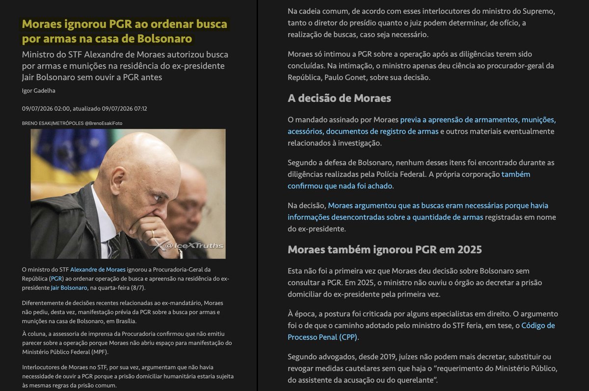 IceXTruths's tweet photo. Moraes ignorou a PGR, mandou vasculhar a casa de Bolsonaro atrás de arma e... adivinha? Não achou NADA.

Mas calma, o mesmo “juiz” que faz busca e apreensão sem ouvir o Ministério Público agora vira defensor das garantias processuais quando o assunto é amigo do regime.

Hipocrisia tem limite? Pelo visto não no STF.

A lei é só pra quem não é “amigo” dele. O resto é “democracia”.