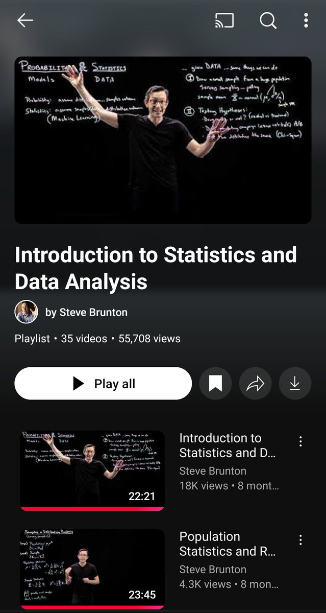 ParamSiddh's tweet photo. Introduction to Statistics and Data Analysis - By Prof. Steve Brunton

Most detailed statistics tutorial on YouTube. Total 11 hours of lectures..

Save this 📘 https://t.co/YVQc8sOe8S