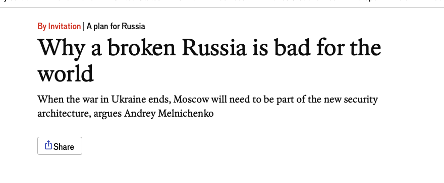 BrianMcDonaldIE's tweet photo. As pointed out in another thread, the obvious missing scenario in Melnichenko’s manifesto is a credible road-map for Russia’s eventual integration into the Western security and economic order, which was never offered after the Cold War.   

Uniquely in Europe, Moscow was expected to democratize and reform all on its own, without any of the incentives (such as a blueprint for EU and NATO membership or alignment) offered to other ex-Communist states. Even a number of countries wholly in Asia, like Georgia and Armenia, have been included.     

I'm not talking here about the 1990s version, where Russia was treated as a defeated and humiliated state on the margins, and thrown a few bones like G8 membership, but a serious attempt to correct the strategic mistake of building a European order in which Russia was positioned as an outsider/enemy rather than incorporated as a sovereign participant.    

That path may feel politically impossible right now, but its absence is how we got here, and there won't be a secure Europe until the mistake is corrected. You simply can't have a stable continent with its largest country artificially excluded it from it politically. It's totally unworkable.