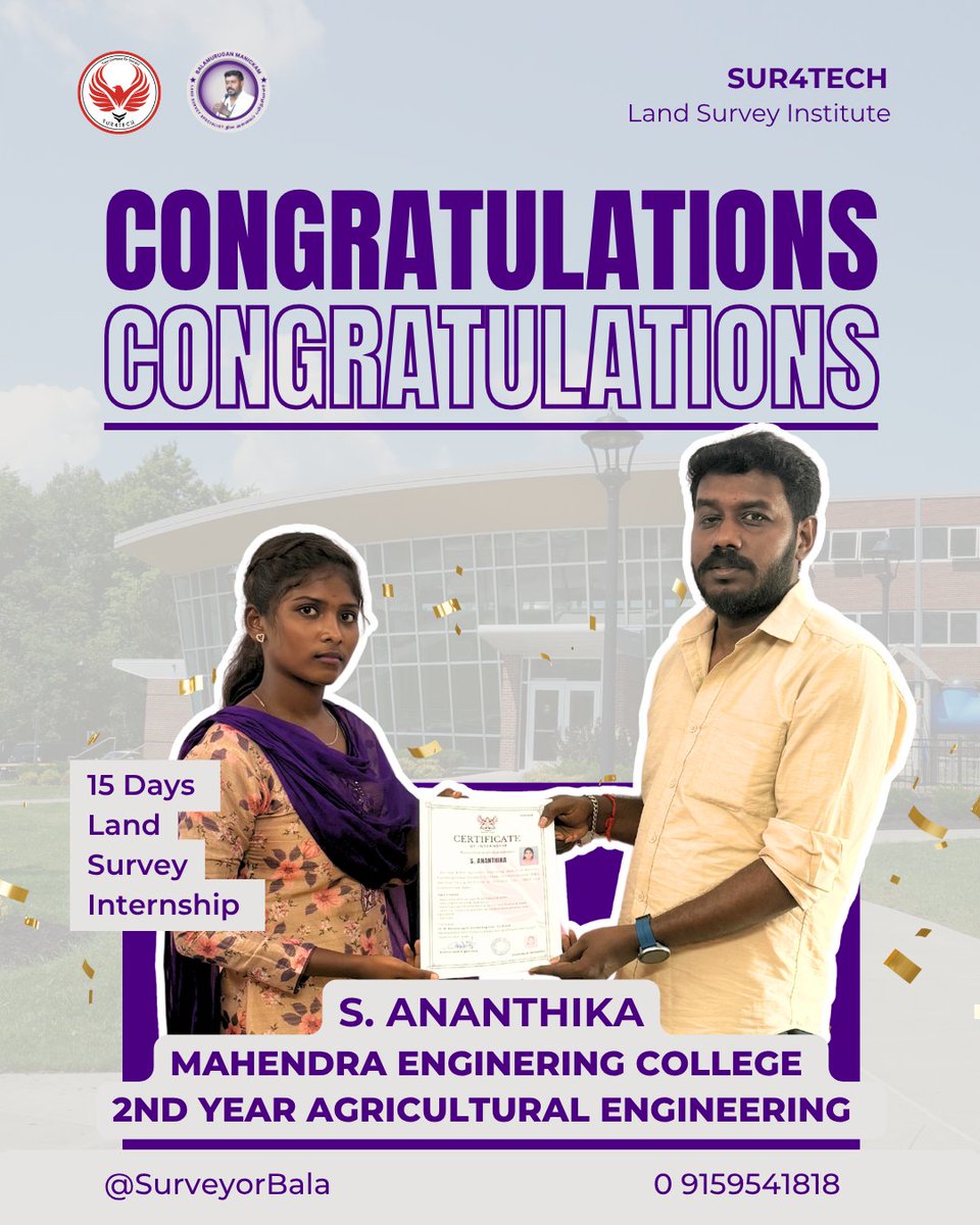 Land_Survey_Edu's tweet photo. Congratulations to Ms. S. ANANTHIKA for successfully completing the Land Survey Internship Training at Sur4Tech Land Survey Institute, Salem.
#LandSurvey #DGPS #TotalStation #EngineeringStudents #Internship https://t.co/0HXzr2csiu