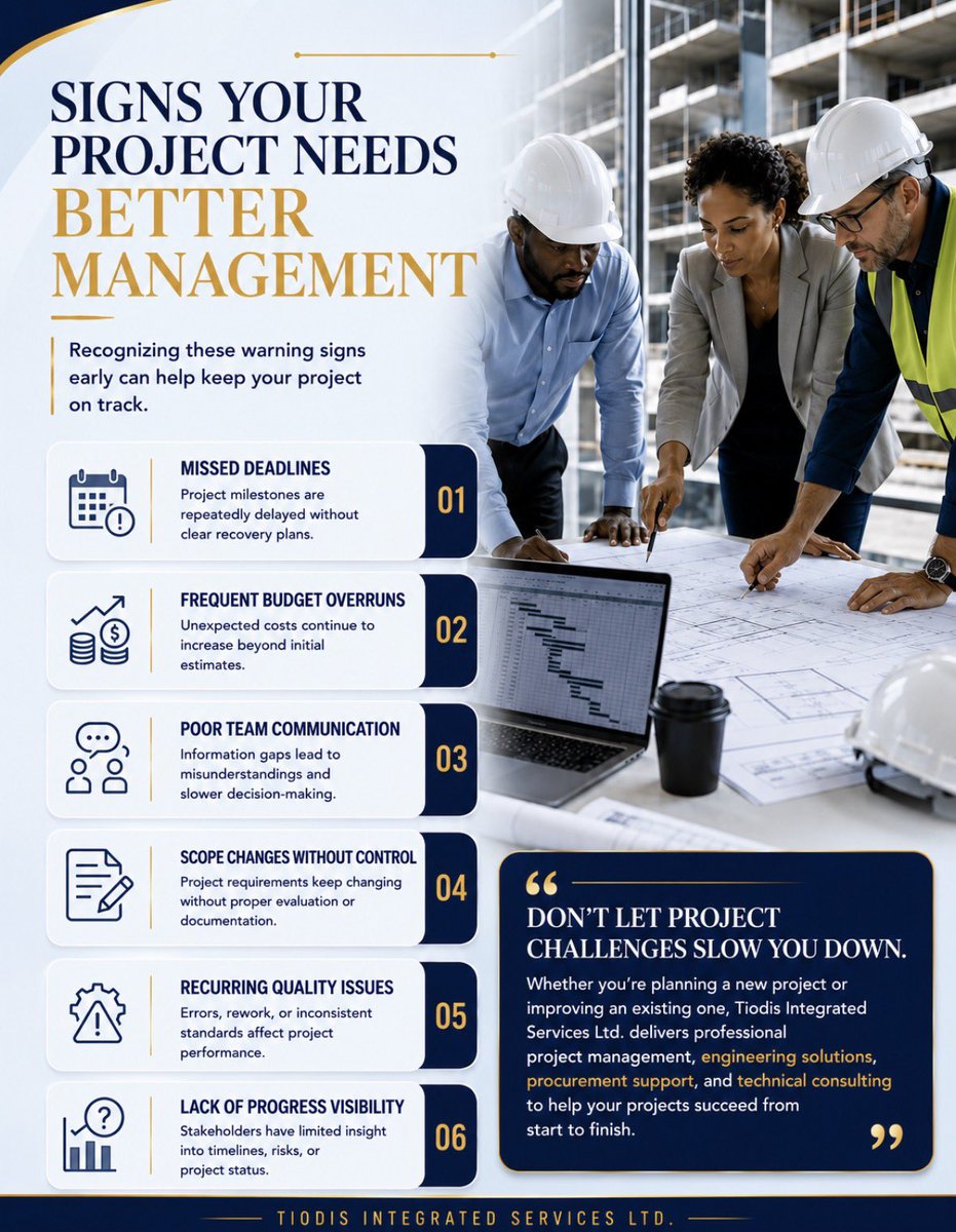 tiodisintserv's tweet photo. If you’re experiencing missed deadlines, poor communication, budget overruns, or constant changes, it may be time to strengthen your project management approach with us.
The right management keeps projects on track, minimizes risks, and delivers better results.
 #nigeriabusiness https://t.co/MfF8HJg8yv