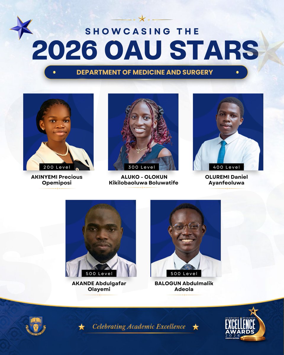 OAUniversity's tweet photo. Every heartbeat is a reminder that excellence is never optional.
Today, we celebrate the 2026 OAU Stars of the Faculty of Clinical Sciences. 

Congratulations to our stars. 
Great Ife is proud of you!

#OAUStars
#OAUExcellenceAwards2026
#AcademicExcellence 
#GreatIfe65 https://t.co/Fu71sfoTuO