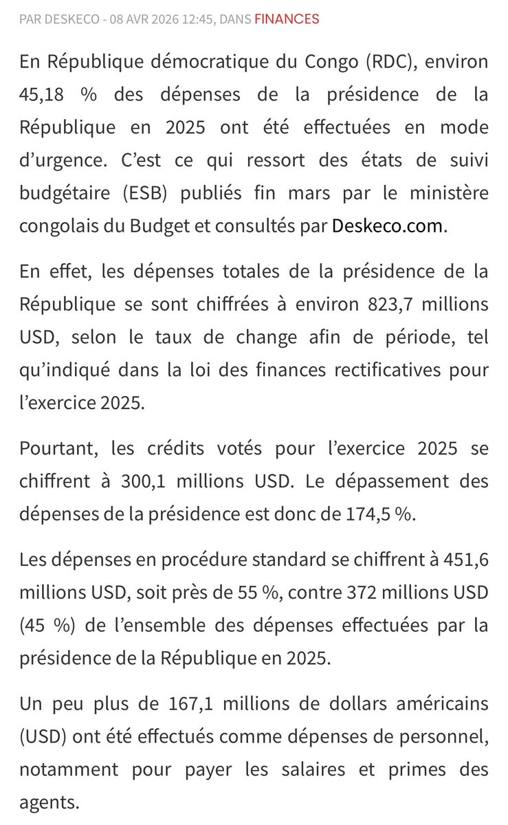 BokulakaLulu's tweet photo. France , 2025
Recettes fiscales collectées:
593 milliards € 
Budget présidence : 
126 M € (0.02%)

RDC , 2025
Recettes fiscales collectées: 
8 milliards $

Dépenses:
Présidence: 823 M $ (10%)
Assemblée Nationale: 251 M $(3%)
Primature : 75 M $ (1%)
Sénat : 99.7 M $(1.2%) https://t.co/yYhIDasJPg