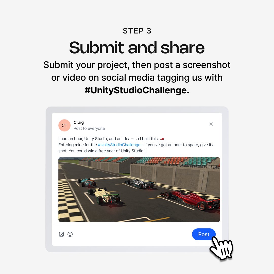 unity's tweet photo. Got an hour to spare? Because that’s all it takes to build your own interactive 3D racing experience and enter our #UnityStudioChallenge! 🏎️💨

If you haven’t jumped in yet, now is the perfect time to test-drive Unity Studio, our web-based editor built for fast, seamless creation. No downloads, no steep learning curve.

Plus, you could walk away with a free year of Unity Studio 🏆

Ready to race? Here’s how to get started: 
1️⃣ Start your free 30-day Unity Studio trial 
2️⃣ Build your 3D racing experience
3️⃣ Submit your project via the challenge submission form 
4️⃣ Post a screenshot or video on social media, tag us, and use #UnityStudioChallenge

🔗 Enter to win: https://t.co/mu1SVAHCWA
