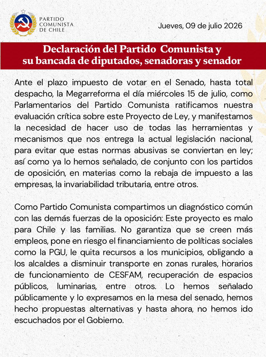 PCdeChile's tweet photo. Declaración del Partido Comunista y de su bancada de diputadas, diputados, senadoras y senador sobre la megarreforma. https://t.co/IWzlofe5UE