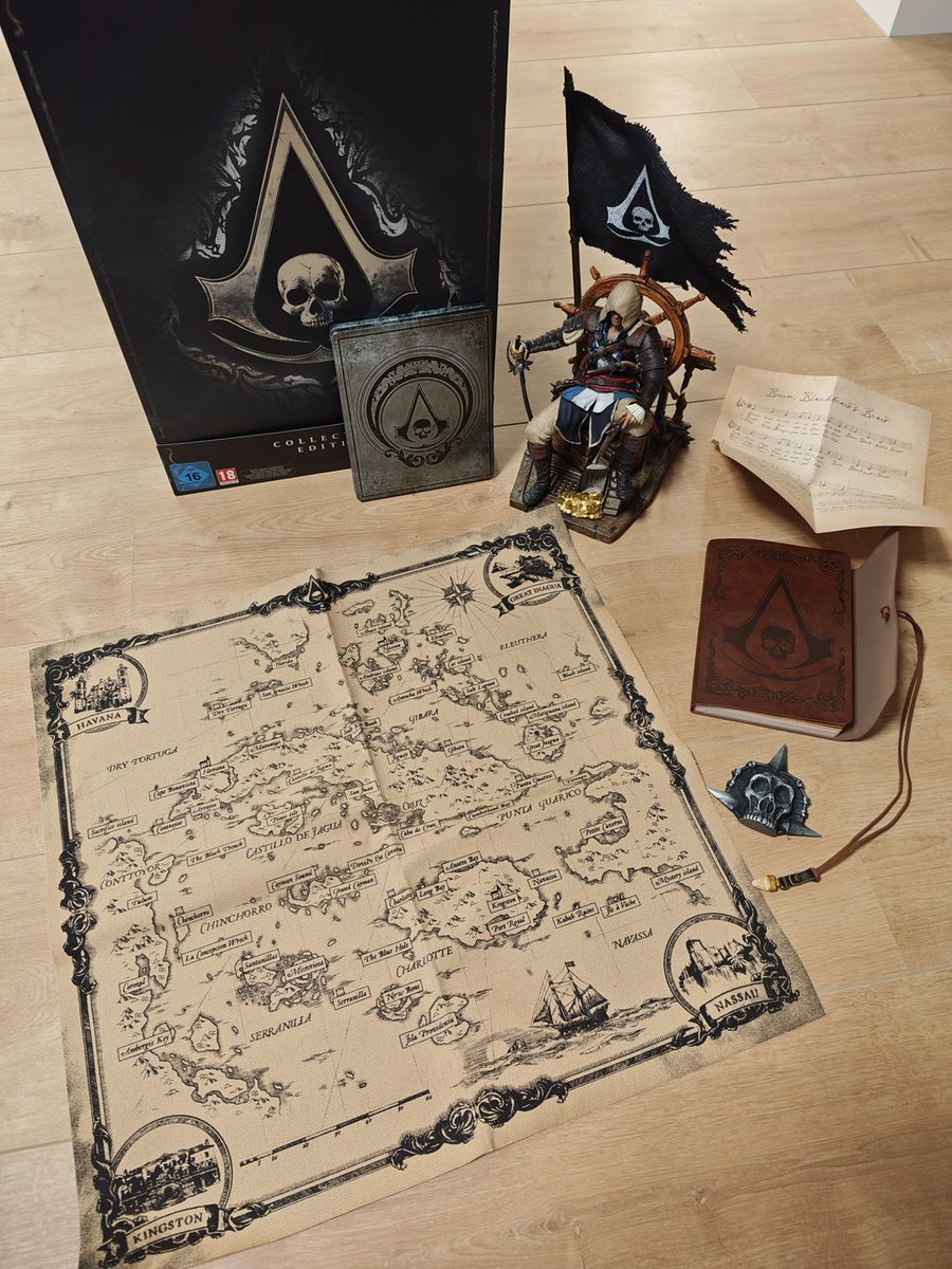 HeyStani's tweet photo. Assassins Creed Black Flag PHYSICAL Collectors Edition Unbox. 

Mega gute Collectors, mit vielen Goodies aus den Games. Notizbuch ist voll mit Sketchen von Edward Kenway, der Haizahn ist ein nice Detail der das Buch bindet. Die Brosche und Noten Blatt super.

Steelbook und die Figur auch mega gut gelungen 😍 @UbisoftDE  

Collectors Rating: 9/10
Game Rating: 8/10