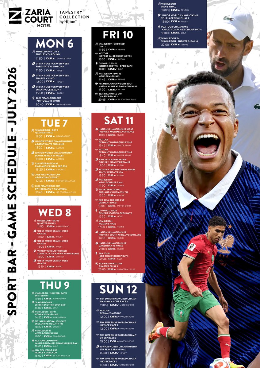 zariacourt's tweet photo. The program is set!!!
A full week of Nonstop action🔥‼️
Ball’s in your court 🍻
#sportsbar #sports #livegames #worldcup https://t.co/083A8w3hlQ