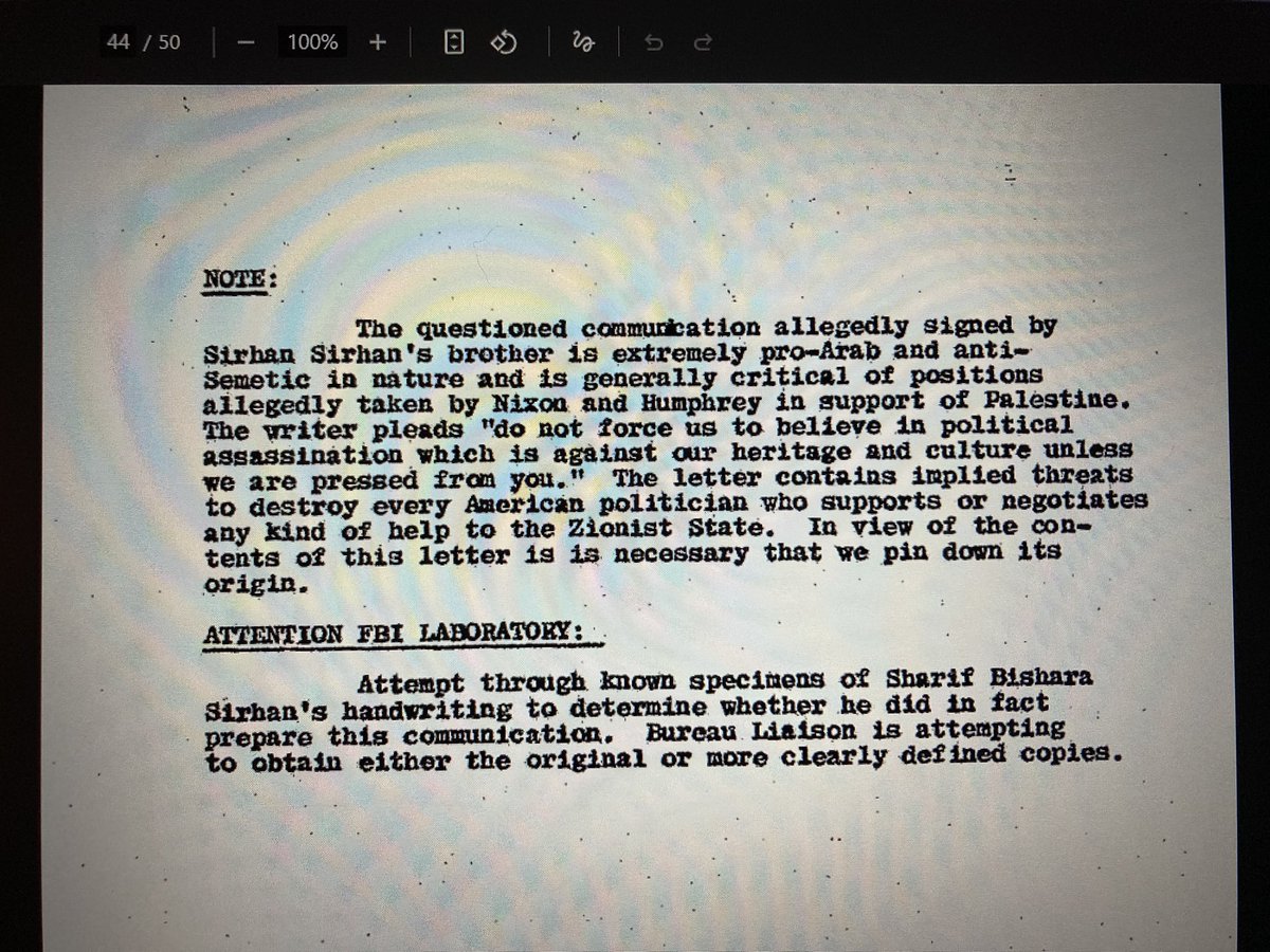 RealLoriSpencer's tweet photo. #RFKFiles: this November 6, 1968 letter from Secret Service Director James Rowley to FBI agents expressed grave concern that Sharif Sirhanās letter ācontains implied threats to destroy every American politician who supports or negotiates any kind of help to the Zionist state.ā https://t.co/ubLufUetS1