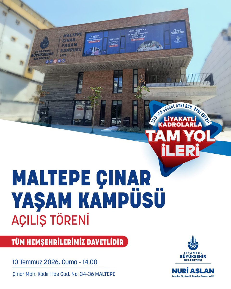 koymenesin's tweet photo. İstanbul Büyükşehir Belediyesinin Maltepe’mize kazandırdığı Çınar Yaşam Kampüsü, her yaştan komşumuzun yaşamına dokunacak çok değerli bir merkez olacak.

Çınar Yaşam Kampüsü’nde Alzheimer Gündüz Bakım Evi, İBB Kadın, Enstitü İstanbul İSMEK ve Mahalle Evimiz ile kentimize önemli hizmetler sunulacak.

Tüm komşularımızı açılışımıza bekliyoruz.

🗓️ 10 Temmuz Cuma | 14.00
📍 Çınar Mahallesi, Kadir Has Caddesi No: 34-36, Maltepe