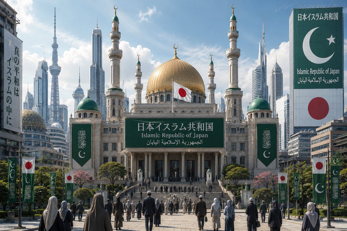 some12hold's tweet photo. チャッピー作「日本イスラム共和国」
#日本イスラム共和国 #IslamicRepublicofJapan https://t.co/68GiGOpJEm