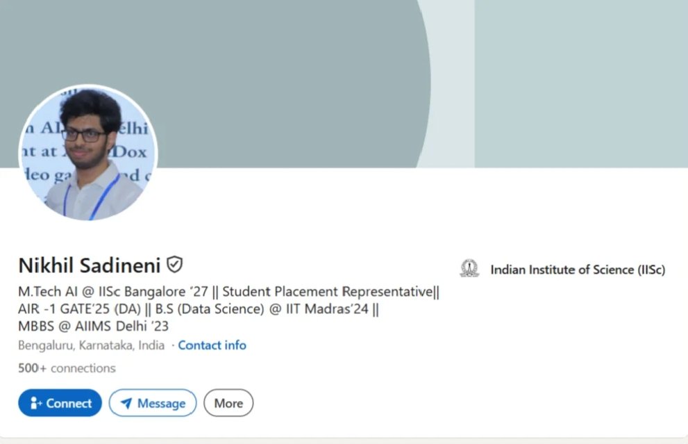 shekhu04's tweet photo. MBBS from AIIMS Delhi, took IITM Online degree during college, then cleared GATE Exam with AIR-1 and took https://t.co/iiKIidLPZY in IISC Bangalore

now works as director in a US based Medical Informatics company

type of dudes with whom you are competing for a 5lpa job https://t.co/Gntg9EsWak