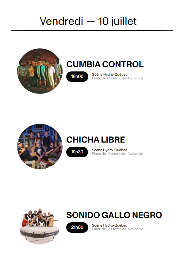 franol_radio's tweet photo. Vendredi 10 juillet - Scène Hydro-Québec (Place de l'Assemblée nationale) du Festival d'été de Québec : 

🇨🇦 Cumbia Control (18 h) https://t.co/mze8A62NFR
🇺🇸 Chicha Libre (19 h 30) https://t.co/9o5cQ7p9Vw
🇲🇽 Sonido Gallo Negro (21 h) https://t.co/ykKRlx1AKS

#Canada #USA #Mexico https://t.co/BIOoiadObc