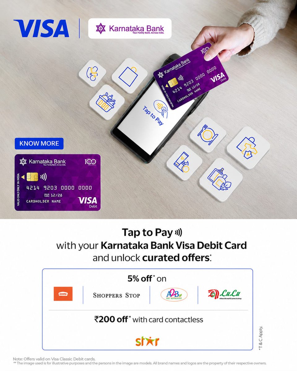 KarnatakaBank's tweet photo. Experience faster, safer, and smarter payments with your Karnataka Bank Visa Debit Card. Plus, enjoy exclusive offers at your favourite brands every time you tap.

#KarnatakaBank #VisaDebitCard #TapToPay #ContactlessPayments #DigitalPayments

[Karnataka Bank, Visa Debit Card, Debit Card Payments]