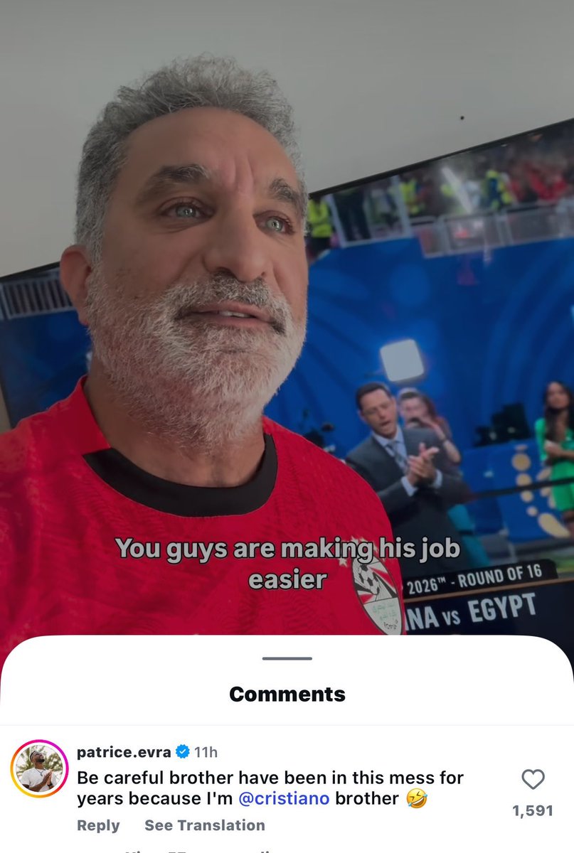 ActuCR7_'s tweet photo. 🚨 Patrice Evra 🇫🇷 répond à une vidéo de Bassem Youssef 🇪🇬 sur le traitement de faveur dont bénéficie Messi de la part de la FIFA :

« 𝗙𝗔𝗜𝗦 𝗔𝗧𝗧𝗘𝗡𝗧𝗜𝗢𝗡, 𝗠𝗢𝗡 𝗙𝗥𝗘̀𝗥𝗘. ⚠️

Ça fait des années que je suis coincé dans cette m*rde… parce que je suis le frère de Cristiano Ronaldo. » 😭🐐🇵🇹

🗞️ Instagram