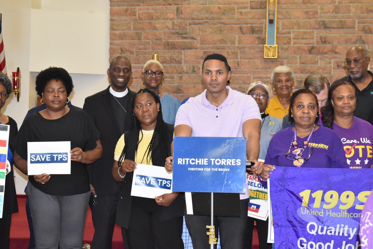 RitchieTorres's tweet photo. I stood with SEIU 1199 and Bronx leaders to oppose Donald Trump’s racially motivated termination of TPS.   

Donald Trump accused Haitian immigrants of “poisoning the blood of our country.” Yet the Supreme Court insists there is no evidence of racial animus. In effect, the Court would have us ignore the evidence of our own eyes and ears.

The real-world effect of its decision is to legitimize racial discrimination against Black and Brown immigrants, denying them equal protection under the law.