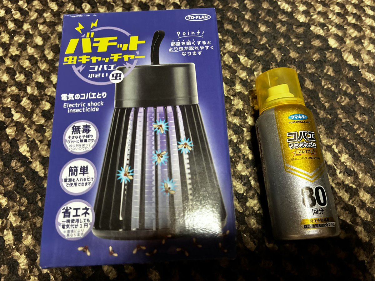 curry_jo's tweet photo. 少し前くらいからコバエが気になりはじめたのでドンキで購入したワンプッシュスプレー使って少しマシになったと思いきや、今日の暑さでなのかまた増えた感じがするので同じときに購入した電気のコバエとりも暗くした台所のゴミ箱の上に設置したら結構バチバチなっててびっくりしましたw https://t.co/UWtNT9V7aL