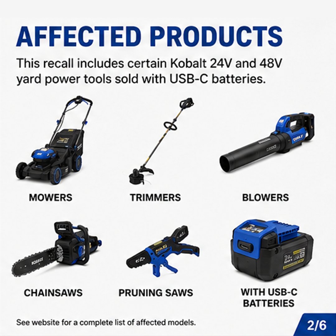 greenworkstools's tweet photo. ⚠️ SAFETY RECALL

Greenworks Tools is recalling certain Kobalt 24V &amp; 48V yard power tools sold with USB-C batteries.

Stop charging recalled batteries through the USB-C port while installed in the tool.

Learn more:
https://t.co/B1dlC28Lfe

@USCPSC #ProductRecall #SafetyFirst https://t.co/Cf2Apdqk2M