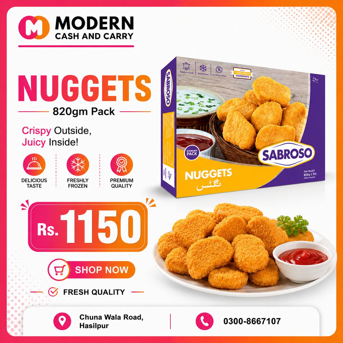 ModernCashCarry's tweet photo. Crispy, Juicy &amp; Ready in Minutes!
Your favorite Sabroso Nuggets are now available at Modern Cash &amp; Carry, Hasilpur.
Available Packs:
270gm Pack – Rs. 520
820gm Pack – Rs. 1150
1640gm Mega Pack – Rs. 2135
Whether it's a quick snack, lunch box, tea-time treat, or family dinner, https://t.co/Er4OZz9mwt