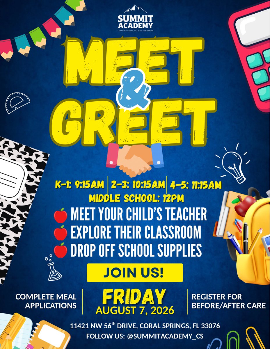 summitcharter_'s tweet photo. Join us for our Meet &amp; Greet and get your first look at the amazing school year ahead! 📚🍎 

Meet your teacher, explore your classroom, drop off your school supplies, and get excited for an incredible year. Be sure to check the flyer for your student’s assigned grade level time. https://t.co/cDqoFBKquP