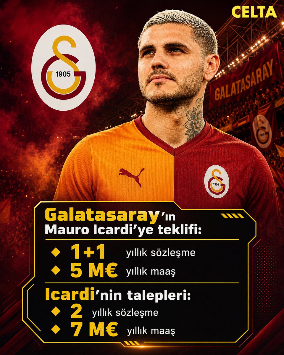 celta2030's tweet photo. 🚨 Galatasaray ile Mauro Icardi arasında yeni sözleşme görüşmeleri! 🟡🔴

📰 İddiaya göre Galatasaray'ın teklifi:

📄 1+1 yıllık sözleşme
💶 5 milyon € yıllık maaş
⚽ Mauro Icardi'nin talepleri:

📄 2 yıllık sözleşme
💶 7 milyon € yıllık maaş

#Galatasaray #MauroIcardi #Icardi https://t.co/AWsdKFtjUJ