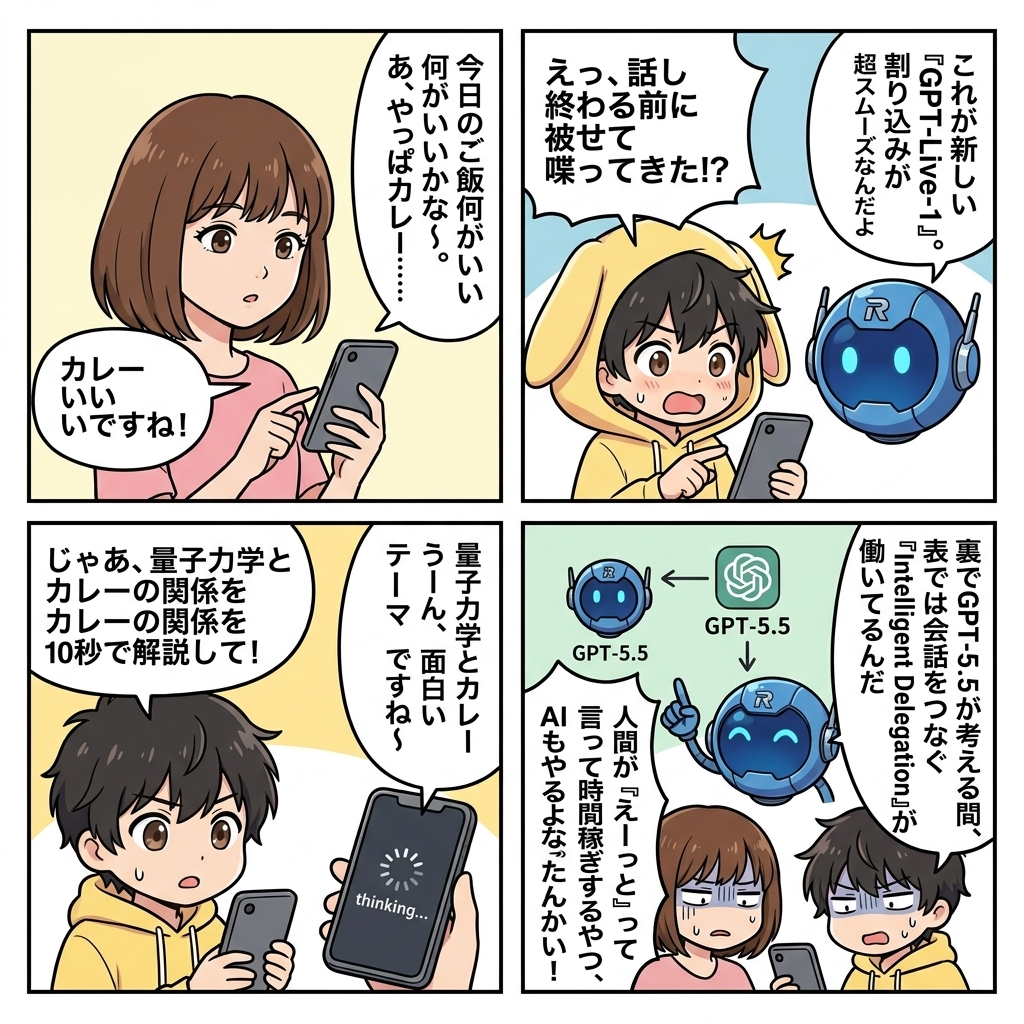aiasoby's tweet photo. ChatGPTの新しい音声AI『GPT-Live-1』が公開！全二重通信による割り込みや相槌が完全に人閃レベルに。裏でGPT-5.5が推論しつつ表で会話をつなぐ『賢い委譲』の仕組みを解説します！
https://t.co/0IpQBQesLp
#大人のAIアソビ #ChatGPT #GPTLive1 https://t.co/32m7bLQ3aq