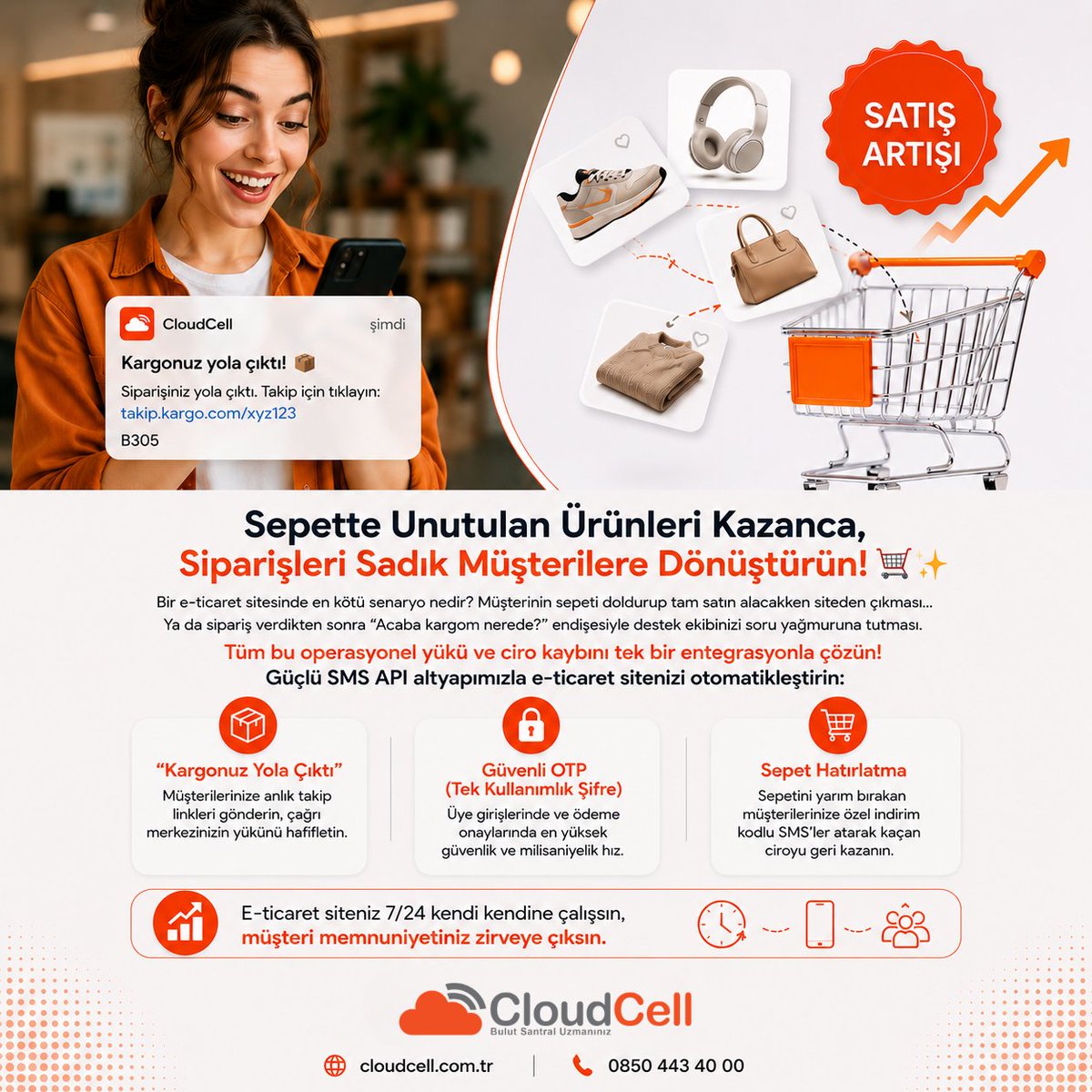 TRcloudcell's tweet photo. Sitenizin altyapısına kolayca bağlayabileceğiniz, yüksek hızlı CloudCell SMS API servisimiz ve avantajlı SMS paketlerimizle e-ticaret hacminizi büyütün.

Detaylı bilgi için bize ulaşın:

🌐 https://t.co/JhGFjCrIBI
📞 0850 443 40 00

#CloudCell #SMSAPI #ETicaret #TopluSMS https://t.co/qEB34EYy7i