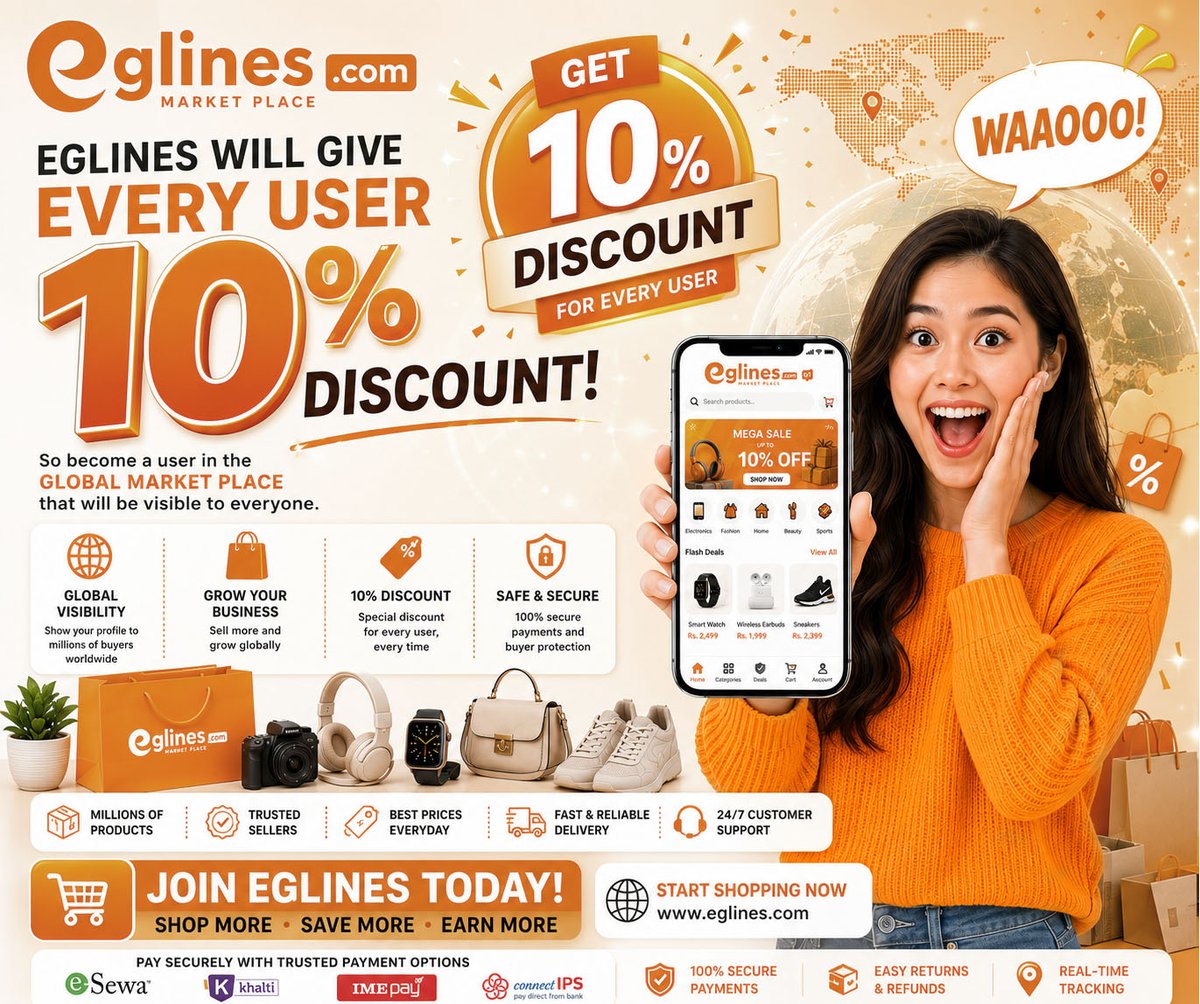 StorePvt's tweet photo. 🎉 WOW! 10% OFF FOR EVERY NEW USER
Join Eglines Marketplace Today
Get an Instant 10% Discount on Your First Order!

Become a member of Eglines Marketplace and enjoy exclusive savings, trusted global shopping, and access to millions of products from around the world. https://t.co/NVlNaLYzuY