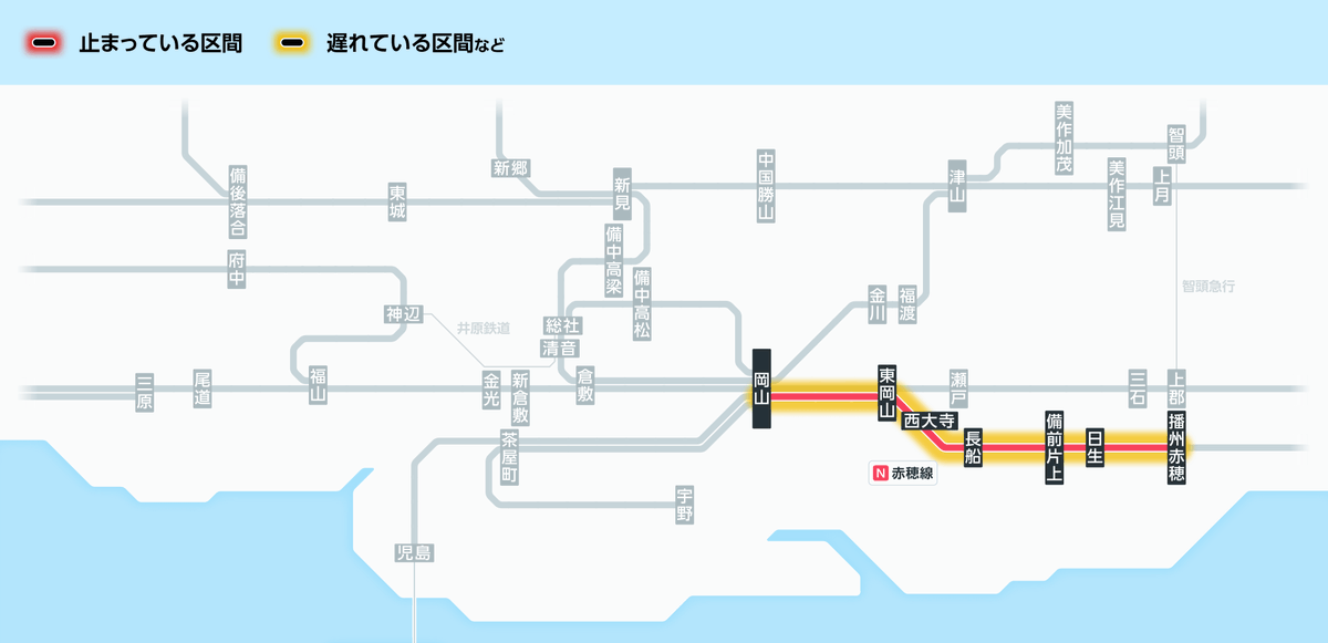7月9日21時45分現在： JR京都線で車両と線路を確認し、播州赤穂駅で