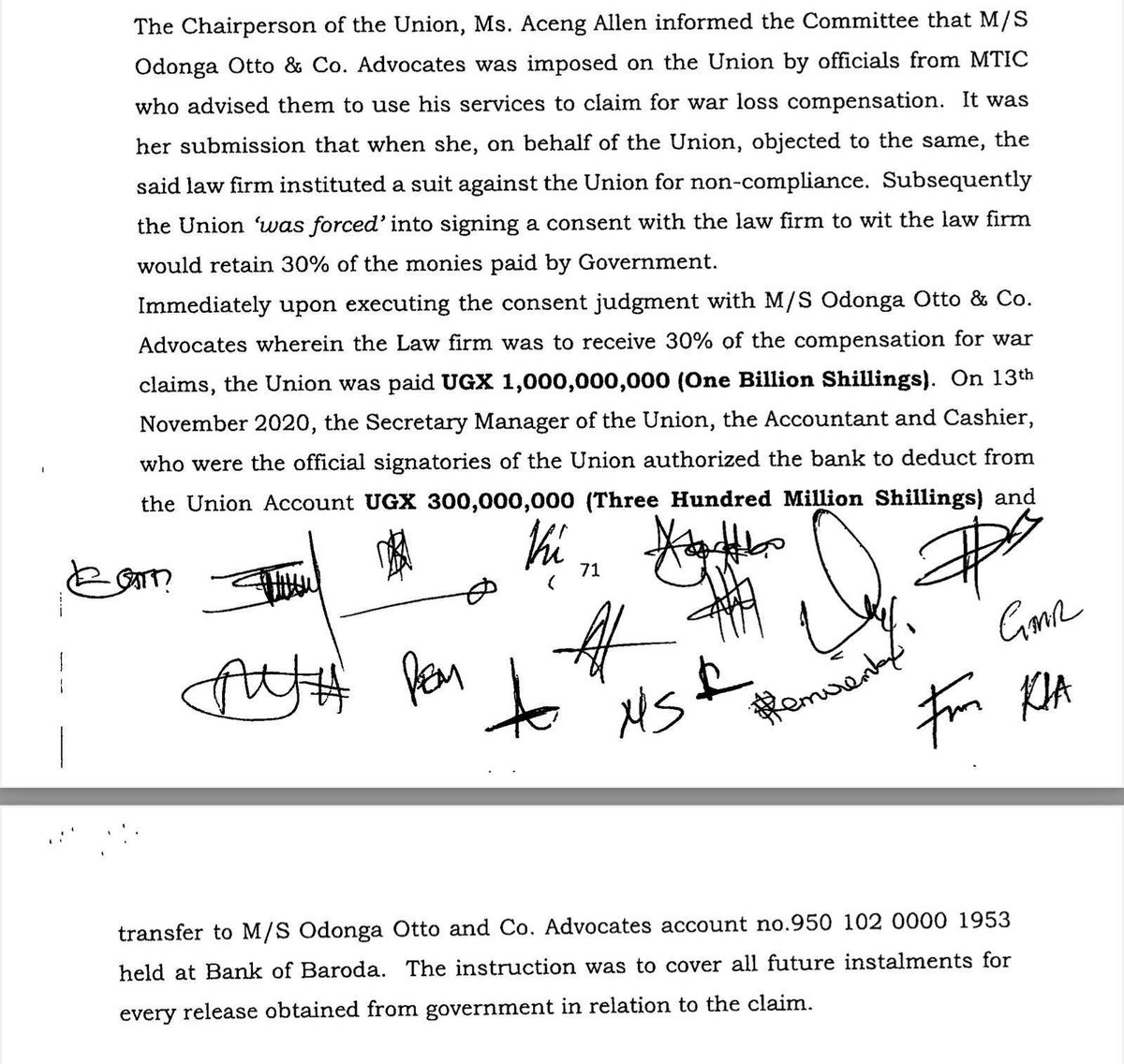 Sambannz's tweet photo. East Acholi Cooperative Union received UGX 1 billion in war compensation.
Odonga Otto's law firm (M/S Odonga Otto &amp; Co. Advocates), "imposed" on the union, took UGX 300 million, ~UGX 100 million was taken by the late Speaker, Jacob Oulanyah, This left the union with only UGX 410M https://t.co/mjqvexnaFU